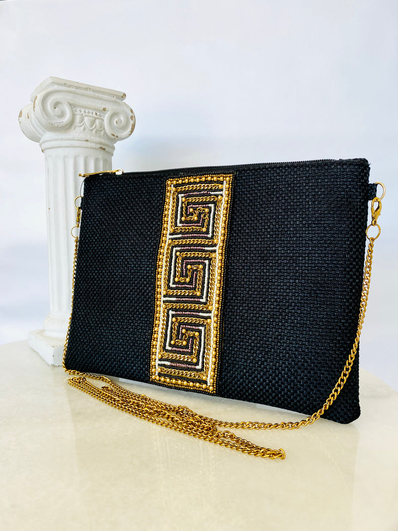 Greek Key Black Beaded Clutch Bag