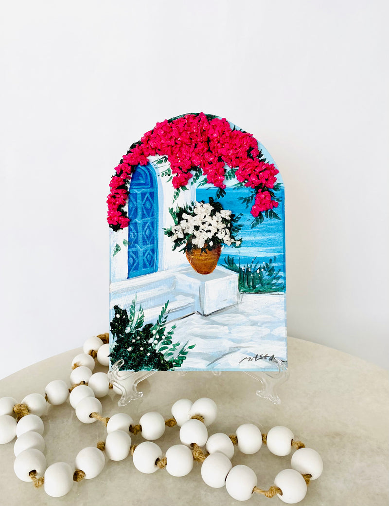 Hand Painted Greek Island Artworks - Ocean View with 3D Bougainvillea