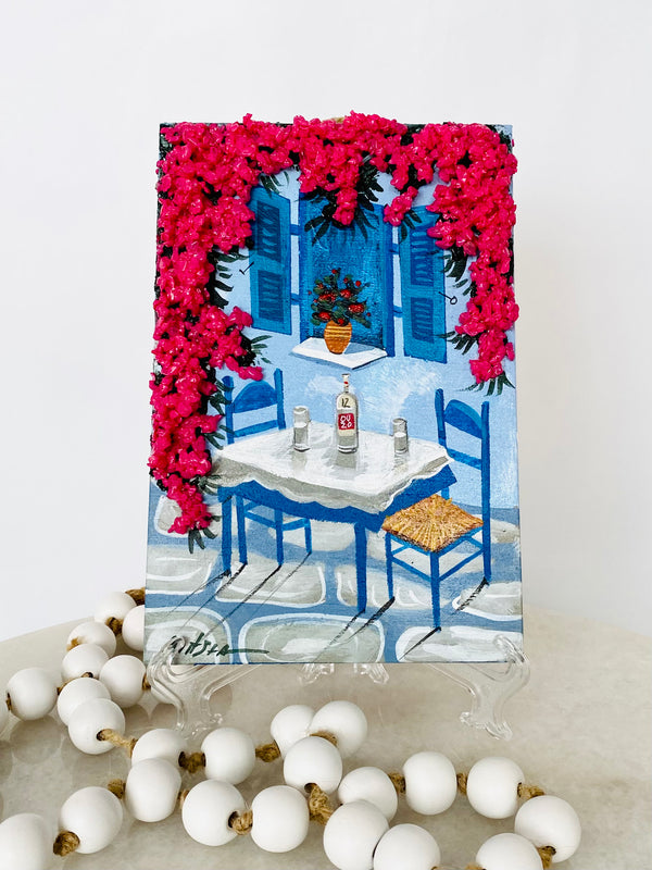 Hand Painted Greek Island Artwork - Table with Ouzo & 3D Crystal Bougainvillea