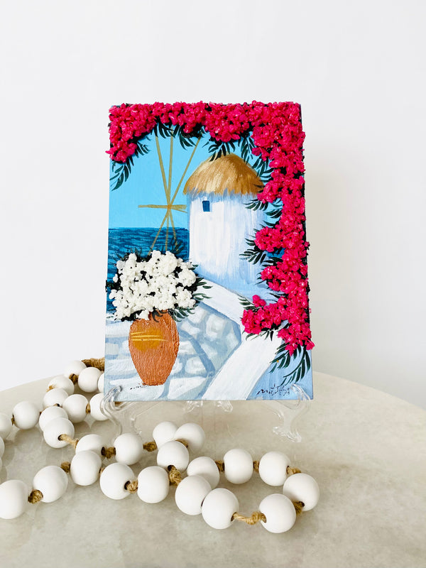 Hand Painted Greek Island Artwork - Windmill with 3D Crystal Bougainvillaea