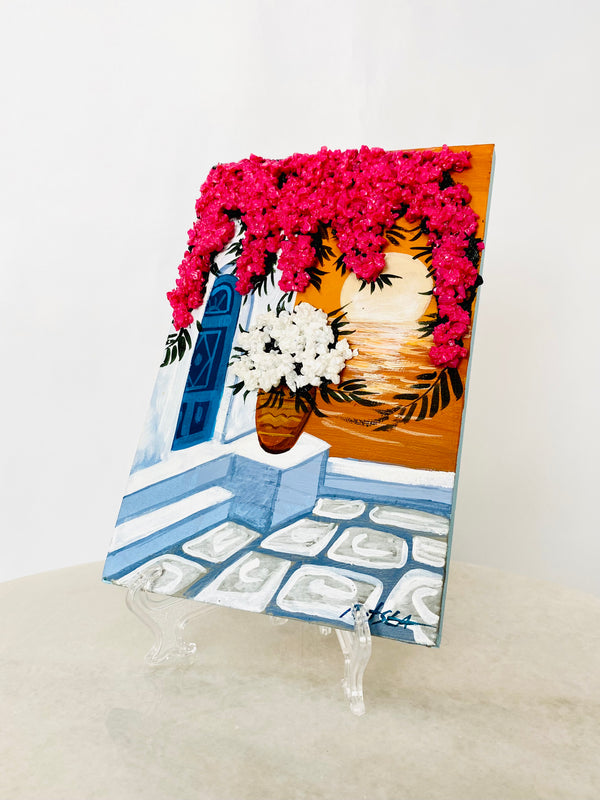 Hand Painted Greek Island Artwork - Sunset with 3D Crystal bougainvillea