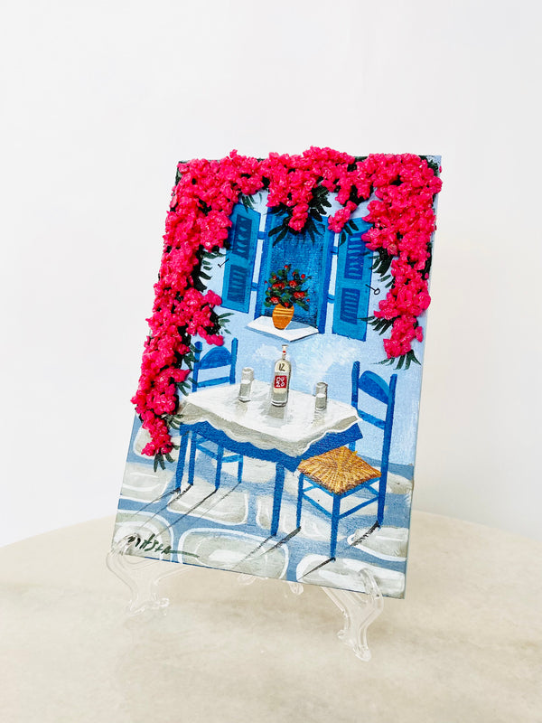 Hand Painted Greek Island Artwork - Table with Ouzo & 3D Crystal Bougainvillea