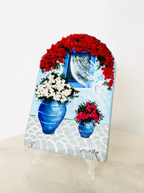 Hand Painted Greek Island Artworks - Red, White and Pink 3D Crystal Bougainvillea