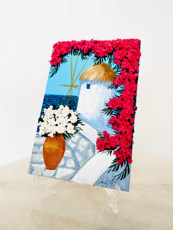 Hand Painted Greek Island Artwork - Windmill with 3D Crystal Bougainvillaea