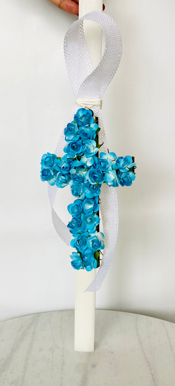 Bougainvillea Cross Lambatha Easter Candle - Grecian Blue
