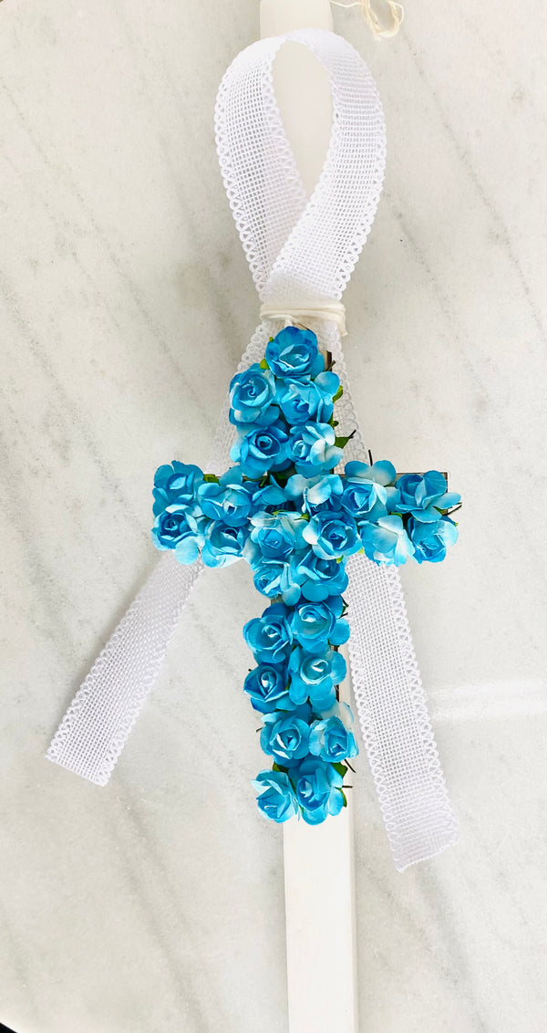 Bougainvillea Cross Lambatha Easter Candle - Grecian Blue