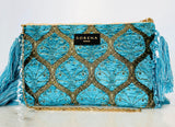SORENA Turquoise and Gold Fringe Clutch