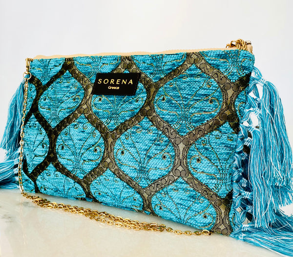 SORENA Turquoise and Gold Fringe Clutch