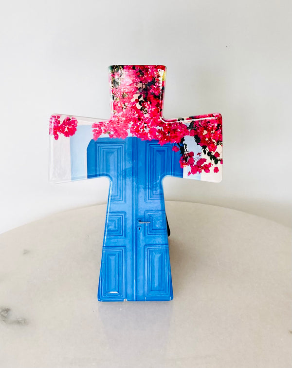 Bougainvillea and Blue Door Tile Cross