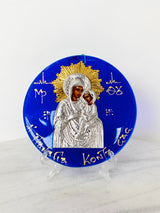 Blue Glass Silver and Gold Panayia Icon