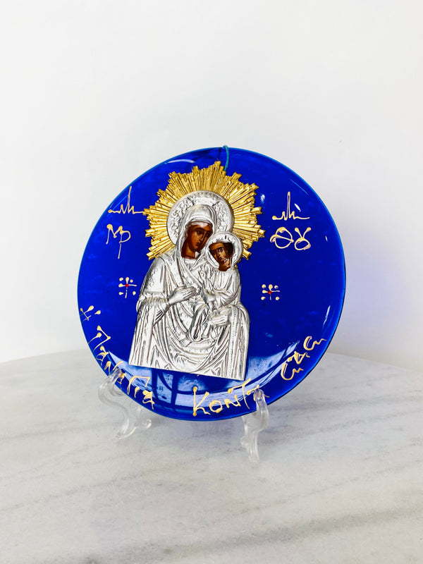 Blue Glass Silver and Gold Panayia Icon