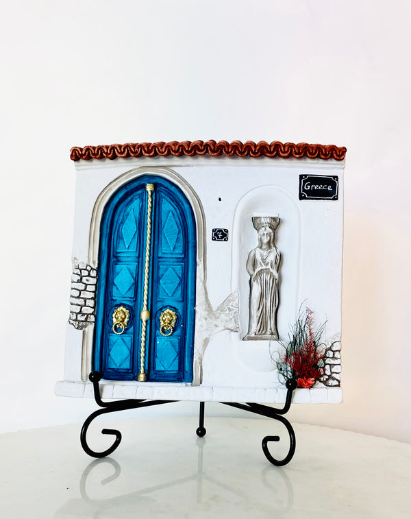 Hand-Crafted Greek Blue Doors and Statue