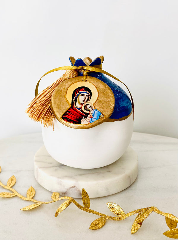 Handmade Pomegranate with Panayia Icon - Blue and White