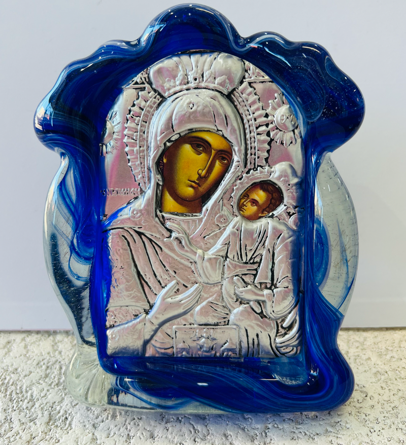 Panayia Icon on Blue Glass