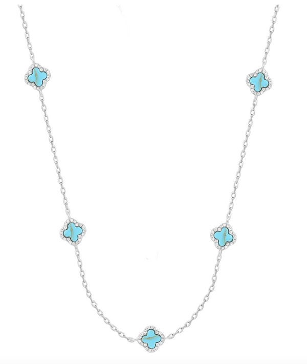 Five Mini Turquoise Clover Silver Necklace
