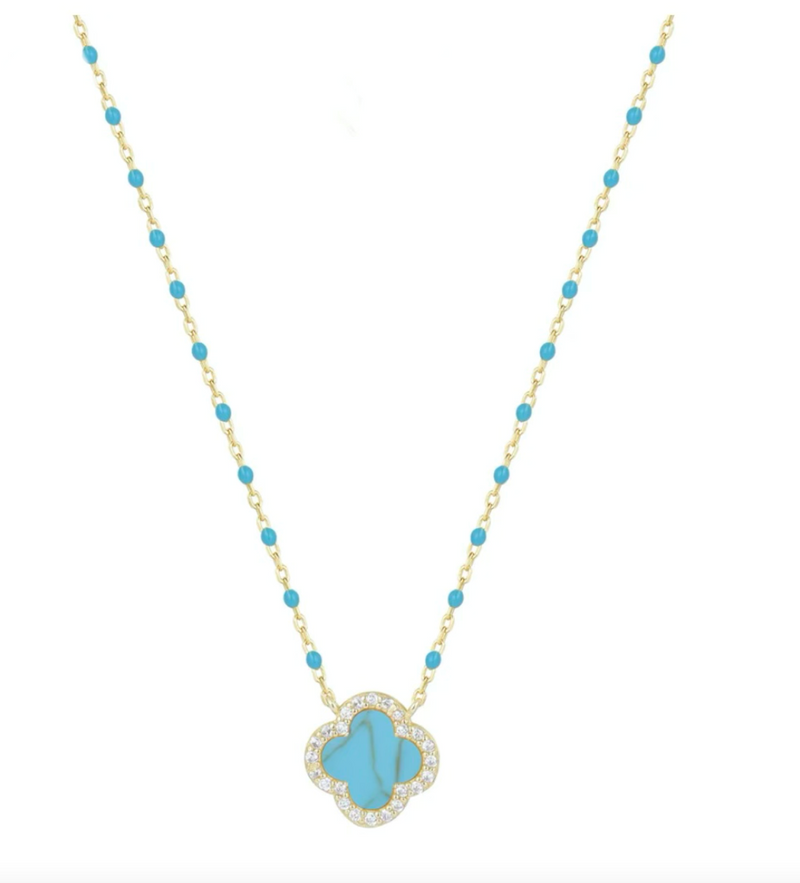 Turquoise Clover Blue Beaded Gold Necklace