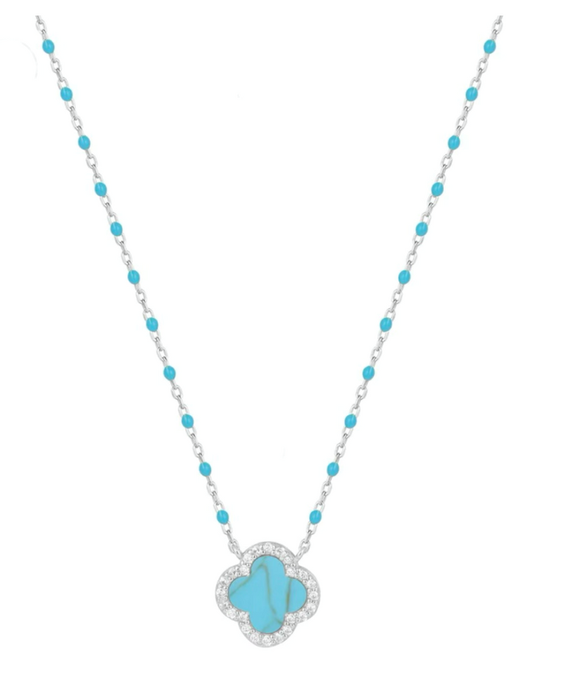 Turquoise Clover Blue Beaded Silver Necklace