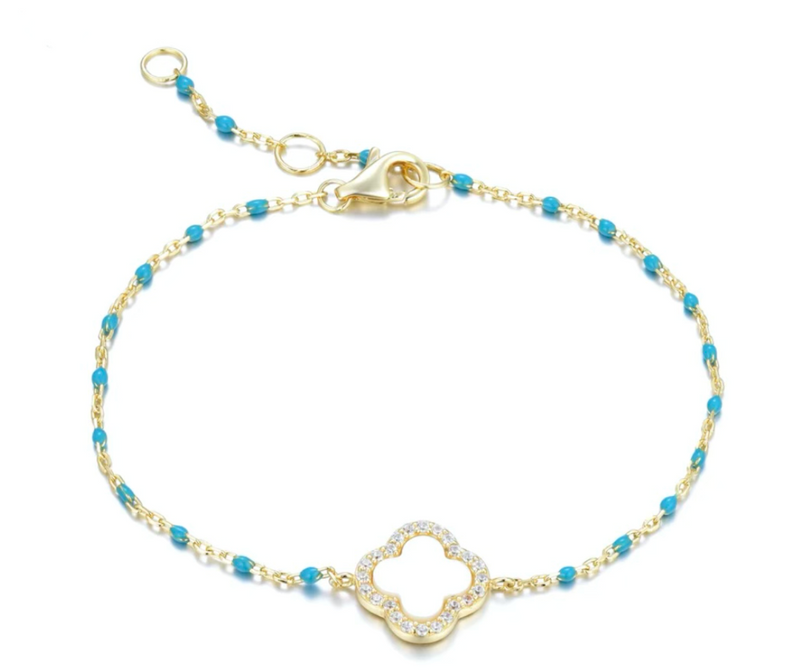 Blue Beaded Clover Pearl Gold Bracelet