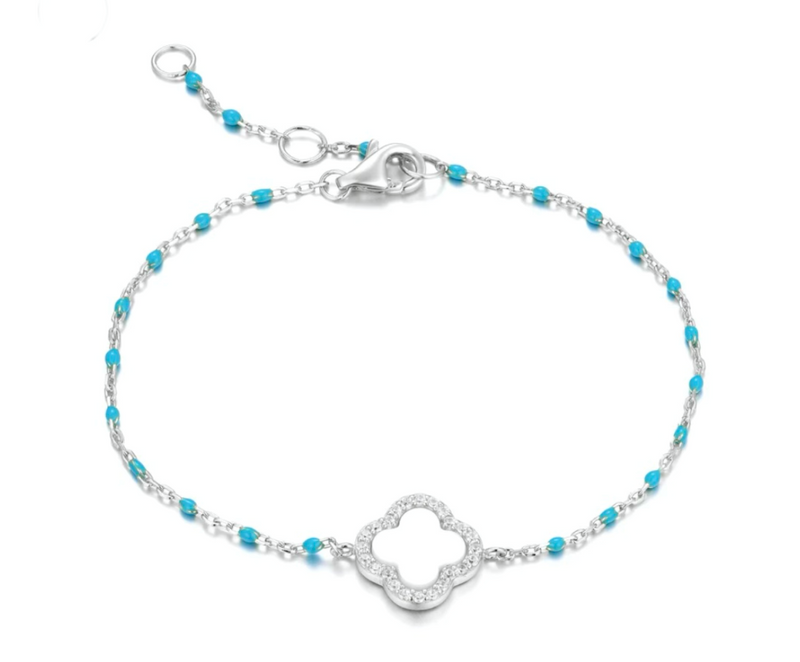 Blue Beaded Clover Pearl Silver Bracelet