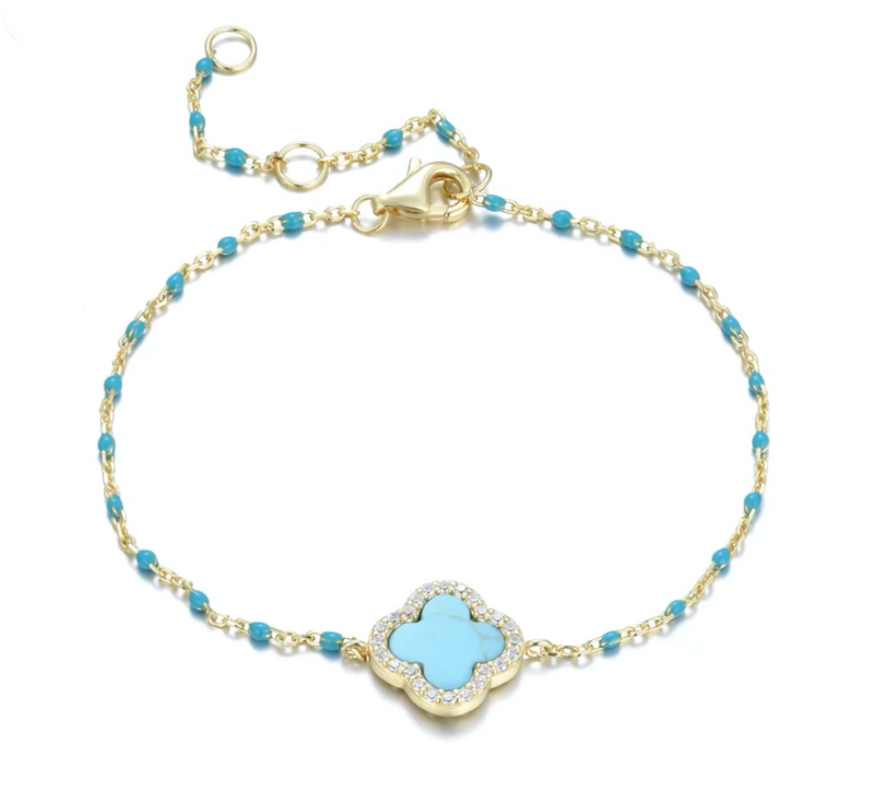 Blue Beaded Turquoise Clover Gold Bracelet
