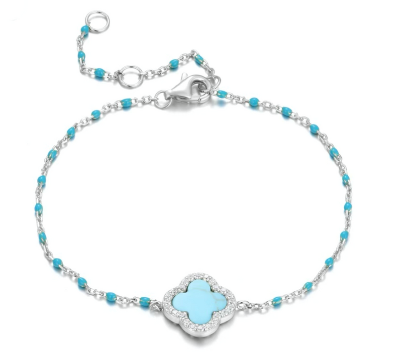 Blue Beaded Turquoise Clover Silver Bracelet