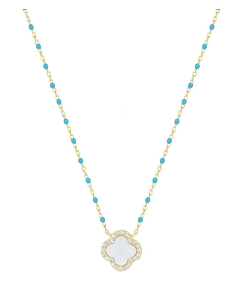 Pearl Clover Blue Beaded Gold Necklace