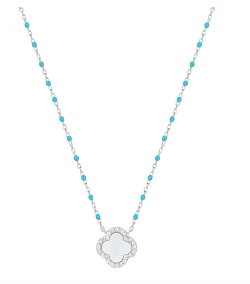 Pearl Clover Blue Beaded Silver Necklace
