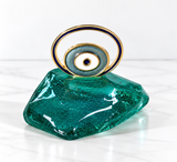 Handcrafted Aqua or Blue Glass Mati Decor - Gold Framed