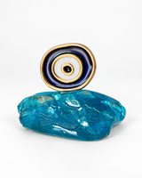 Handcrafted Blue Glass Mati Decor -  Navy & White