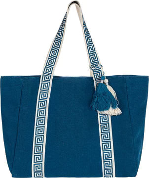 Greek Key Strap Beach Bag - Blue