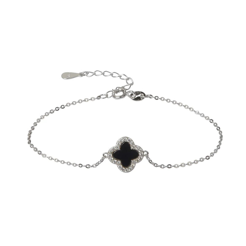 Black Crystal Clover Silver Bracelet
