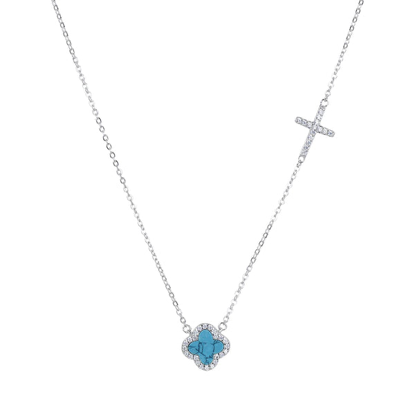 Turquoise Crystal Clover Cross Silver Necklace