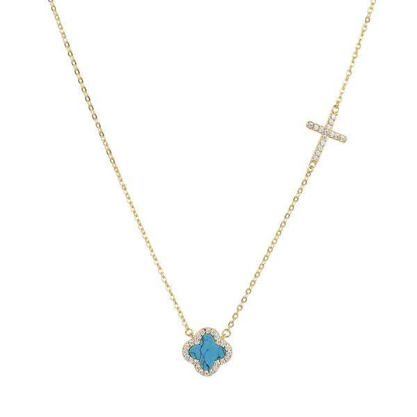 Turquoise Crystal Clover & Cross Gold Necklace