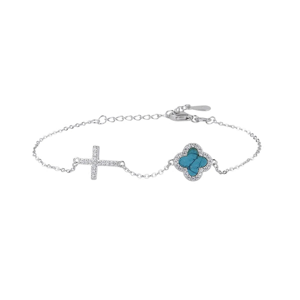 Turquoise Crystal Clover & Cross Silver Bracelet