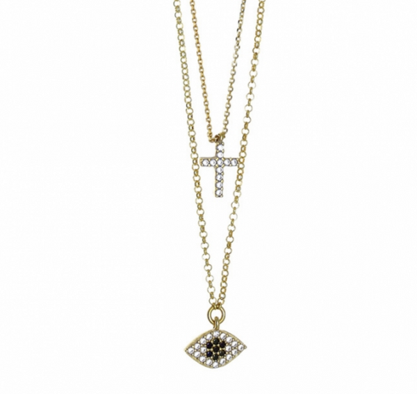 Double Layer Cubic Ziconia Mati + Cross Necklace