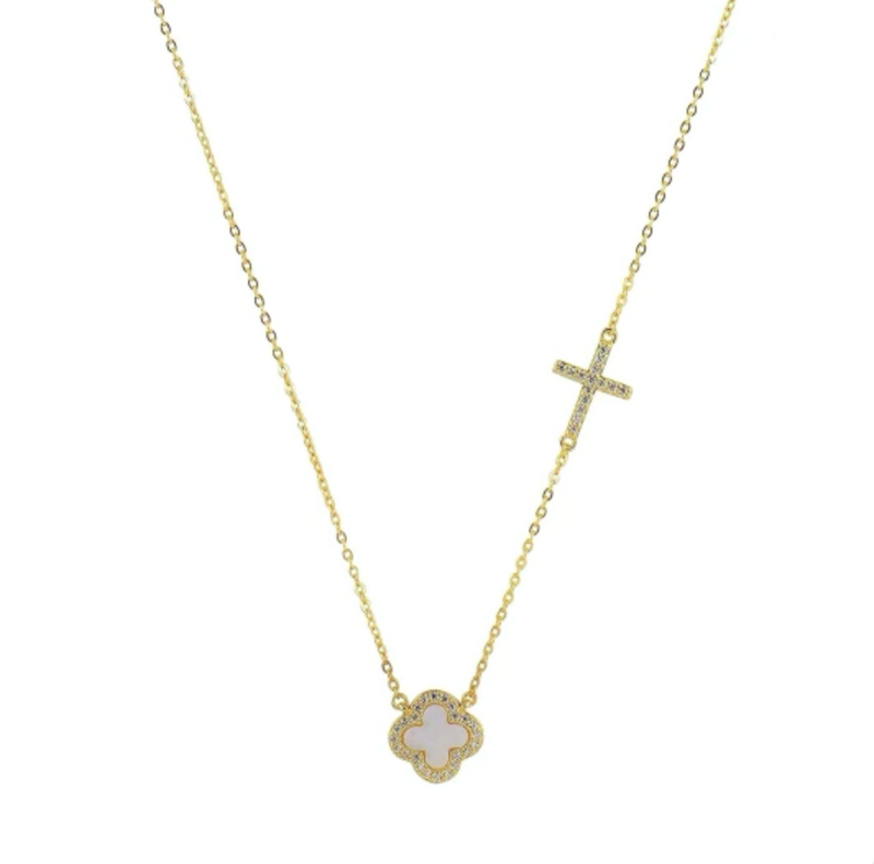 Mother of Pearl Crystal Clover and Cross Gold Necklace