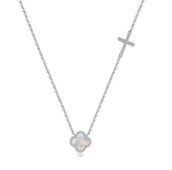 Mother of Pearl Crystal Clover & Cross Silver Necklace