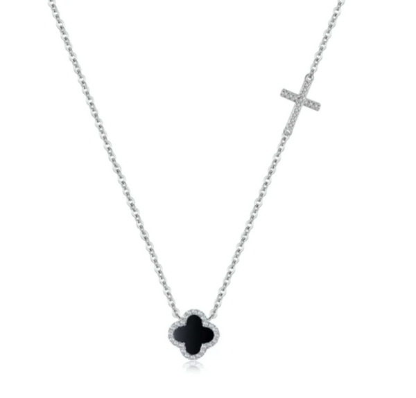 Black Clover & Cross Silver Necklace