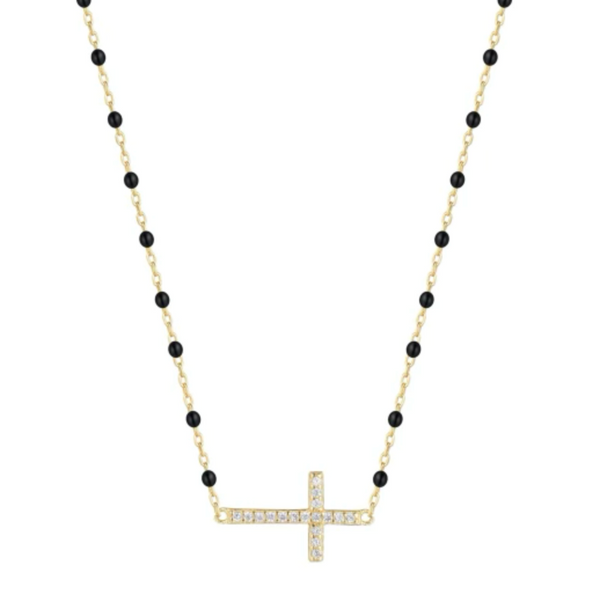 Black Beaded Cross Gold Necklace