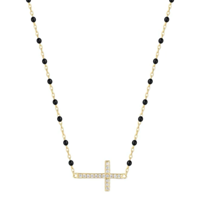 Black Beaded Cross Gold Necklace