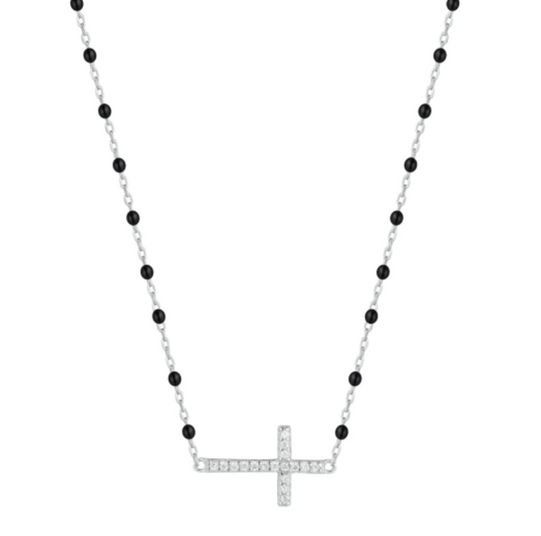 Black Beaded Cross Silver Necklace
