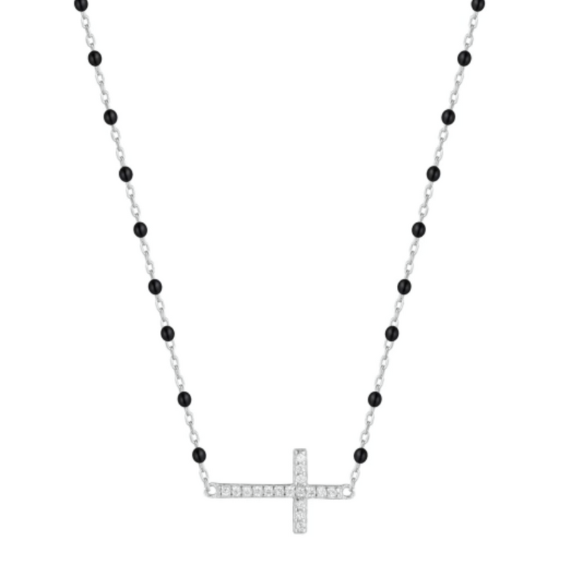Black Beaded Cross Silver Necklace