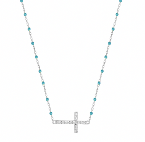 Turquoise Beaded Cross Silver Necklace