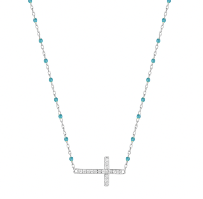 Turquoise Beaded Cross Silver Necklace
