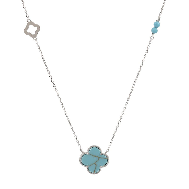 Turquoise Clover Silver Bead Necklace