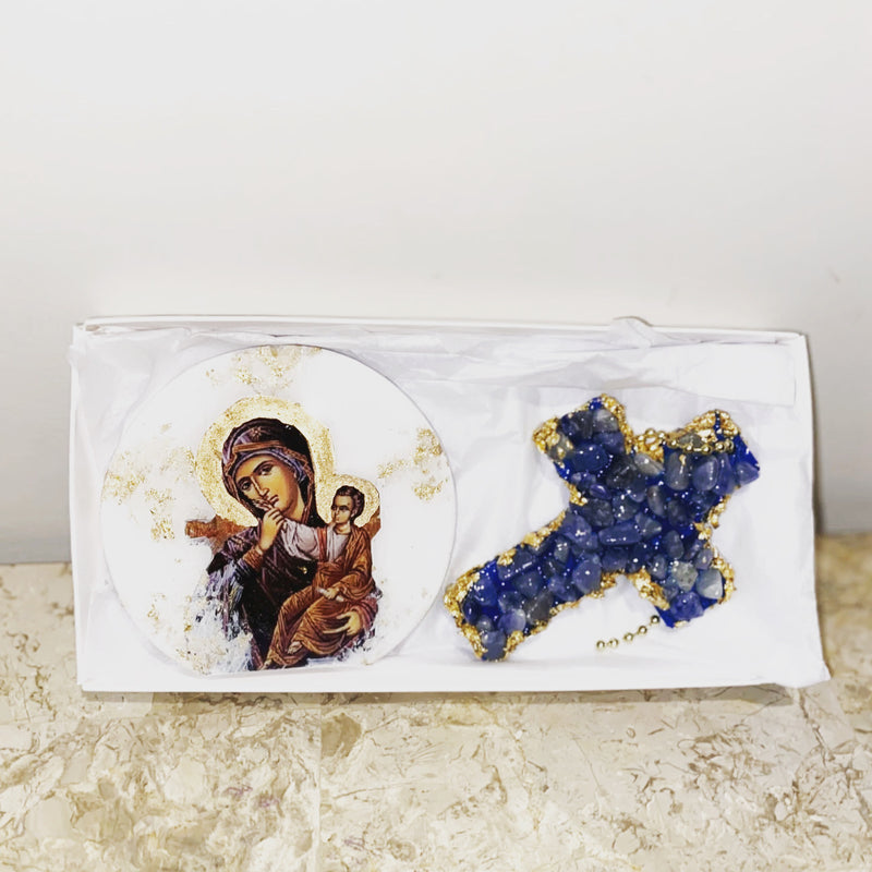 Mother Mary & Jesus Icon & Blue Quartz Cross