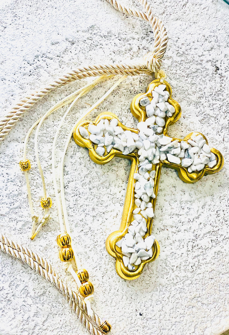 Handcrafted Crystal Cross Amulet - White/Gold