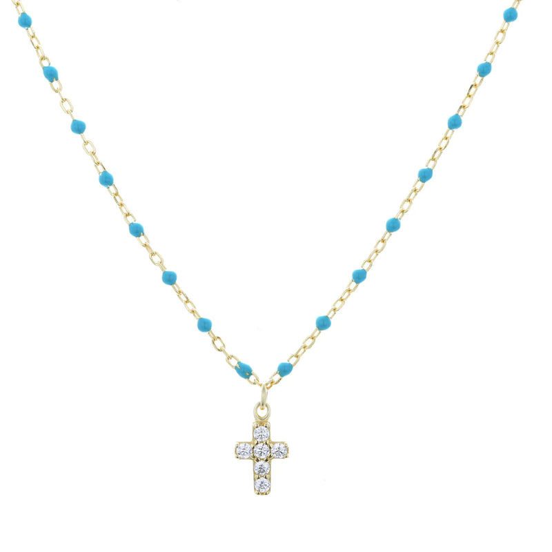 Mini Cross Turquoise Beaded Gold Necklace