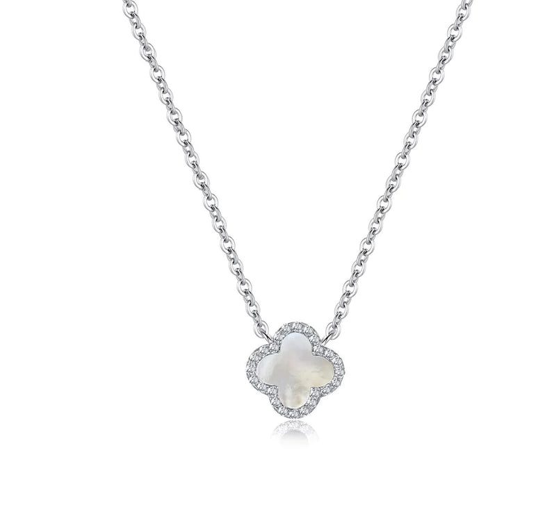 Mother of Pearl Crystal Clover Silver Necklace