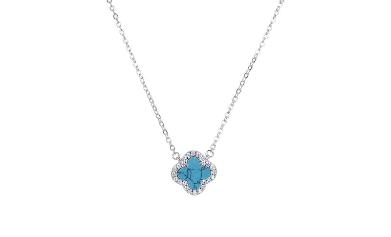 Turquoise Crystal Clover Silver Necklace